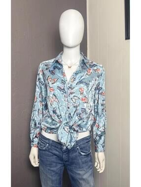 1970’s Baby Blue Satin Butterfly Print Blouse from Da-Rue size 10P
